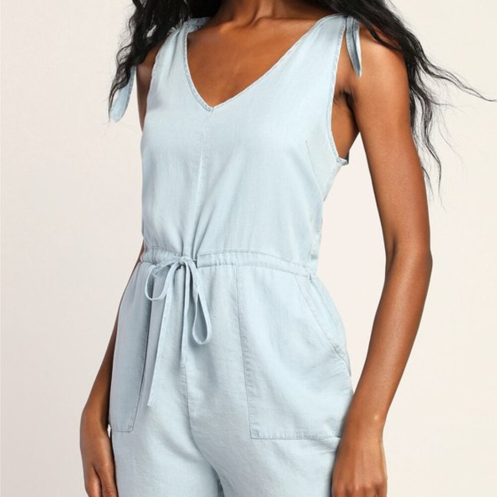 Lulus Day Off Dreaming Light Blue Chambray Tie-strap Romper - Size M